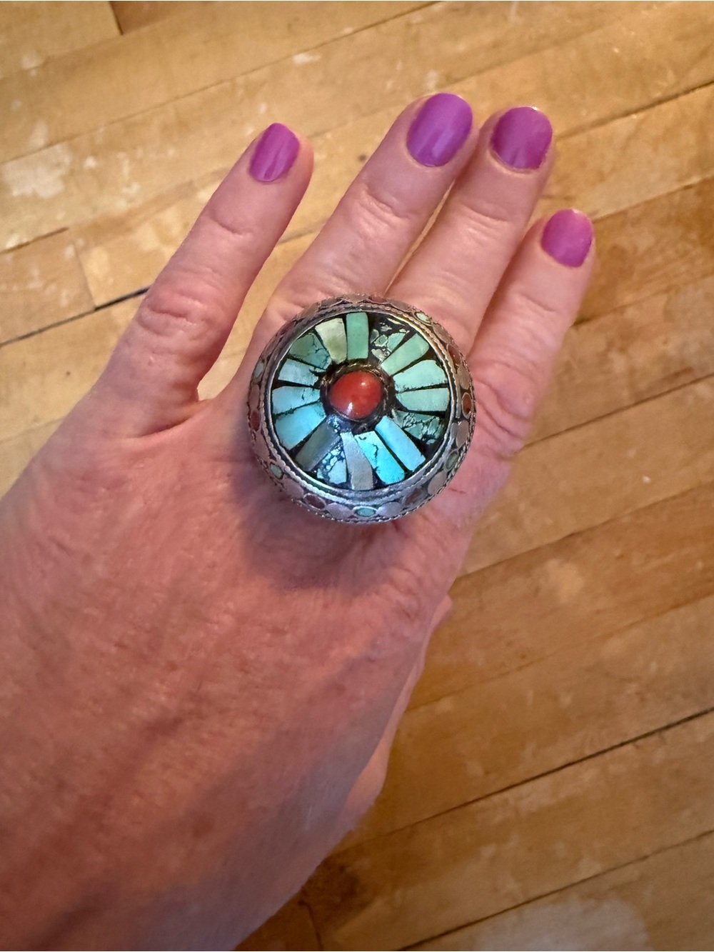 Turquoise Inlay Statement Ring with Coral Accent - Women Jewelry